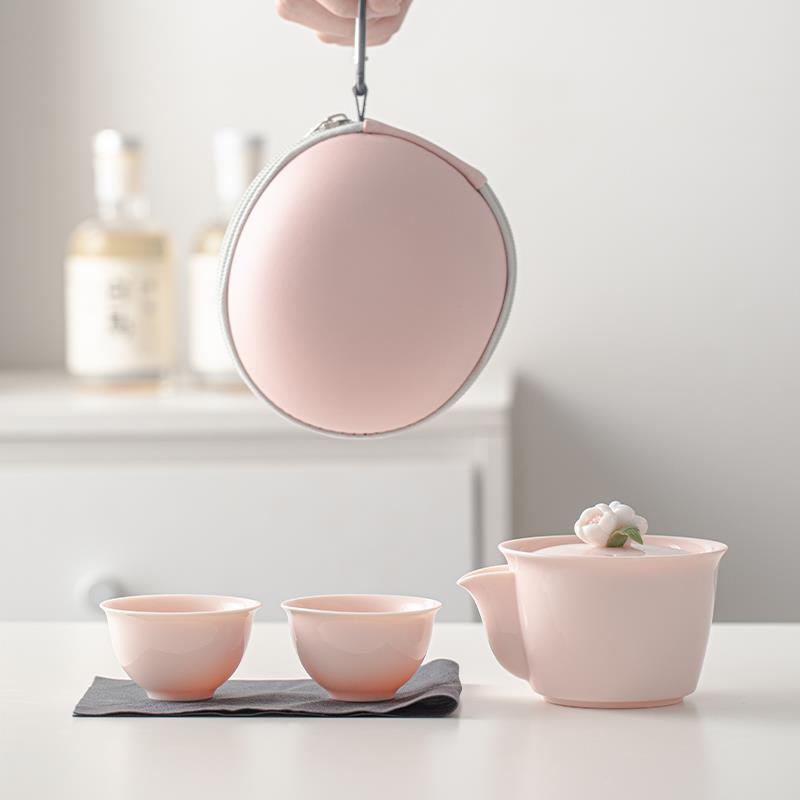 可携式旅行快客杯收纳套装户外露营功夫茶具粉色女陶瓷泡茶壶茶杯