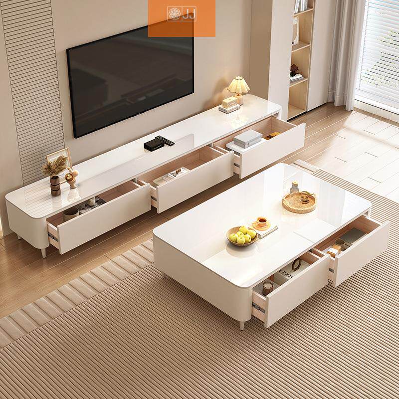 2026新款轻奢奶油风高级感岩板茶几客厅家用落地茶几桌电视柜套装