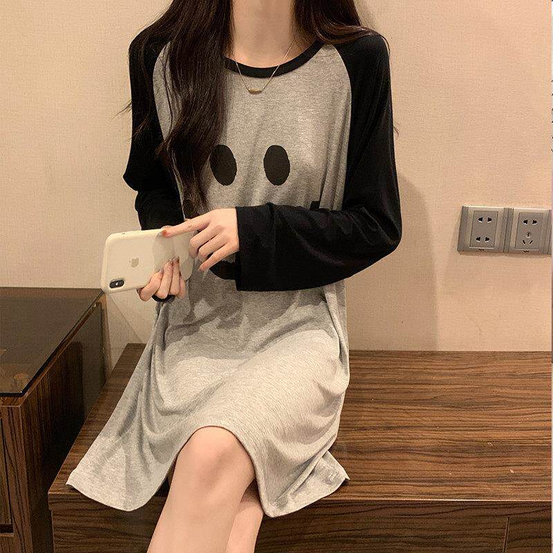 长袖睡裙女春秋季莫代尔棉2025年新款纯欲风孕妇可爱黑灰睡衣裙子