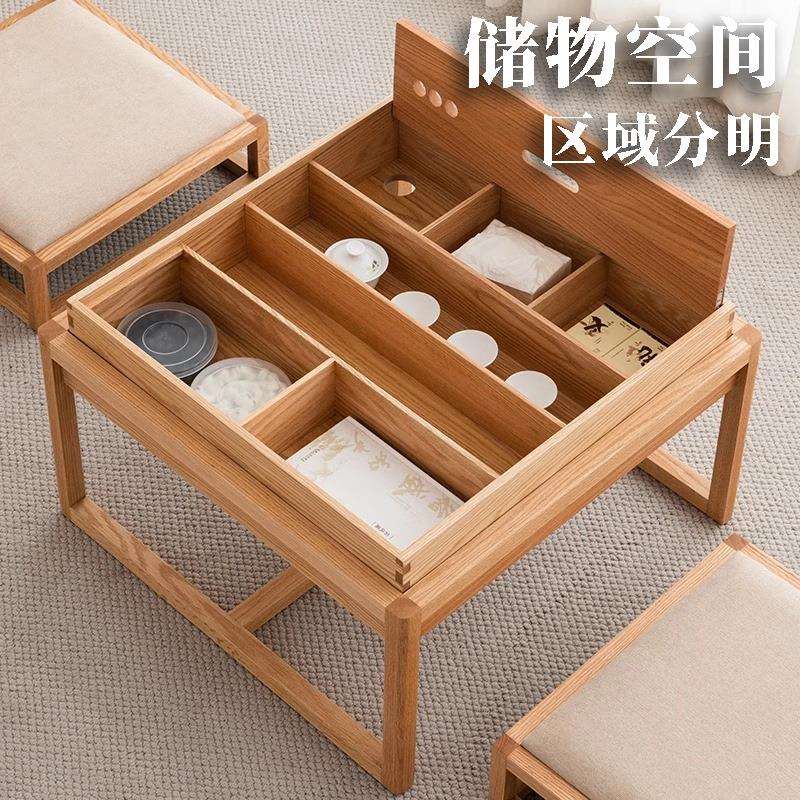 家用阳台小型茶桌组合红橡木烧石实木小茶几飘窗休闲禅意方形茶台