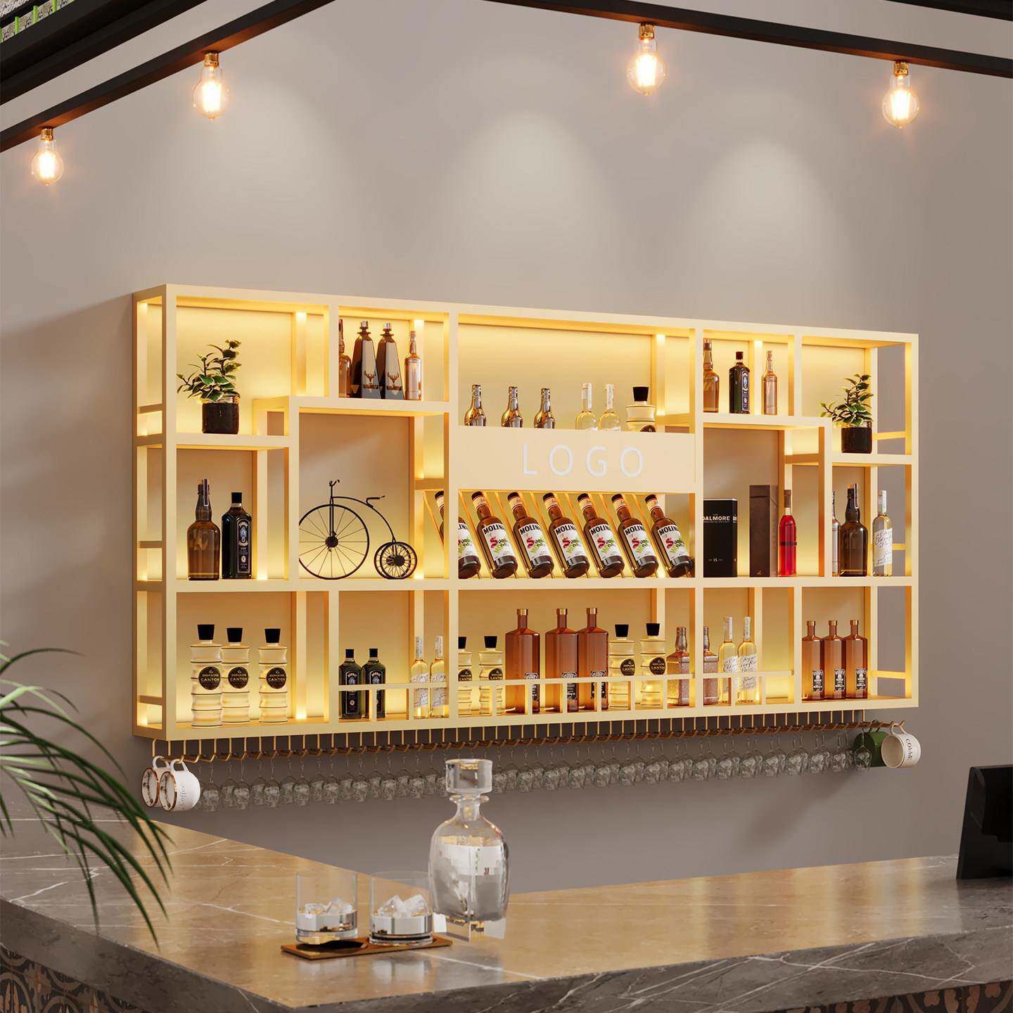 吧台酒柜靠墙壁挂式置物架工业风发光酒吧展示架创意餐厅红酒架子