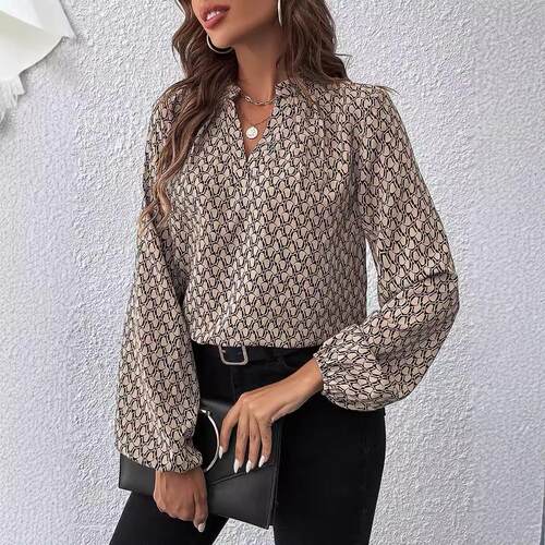 Ladies' printed collar lantern sleeve shirt top