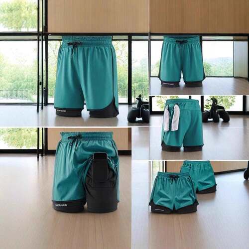 Men Summer Shorts Pocket Training Basketball Pants Two One