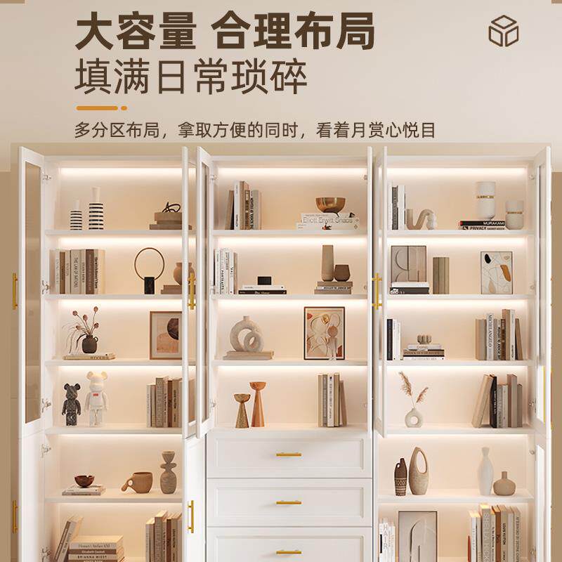 实木书柜带玻璃门展示柜一体整墙组合书架书橱置物柜定制防尘柜