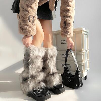 y2k辣妹灰黑色毛绒腿套女秋冬保暖中长筒彷狼毛泡泡袜套JK亚文化