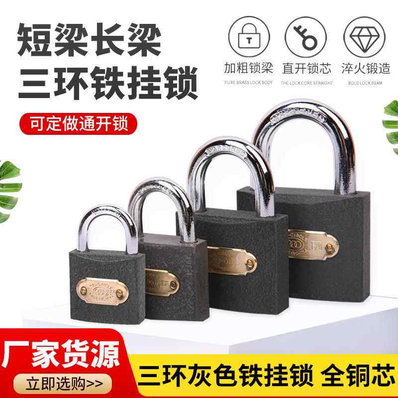 三环铁挂锁黑色铜芯加厚挂锁家用大门柜子挂锁学生用宿舍防盗锁头