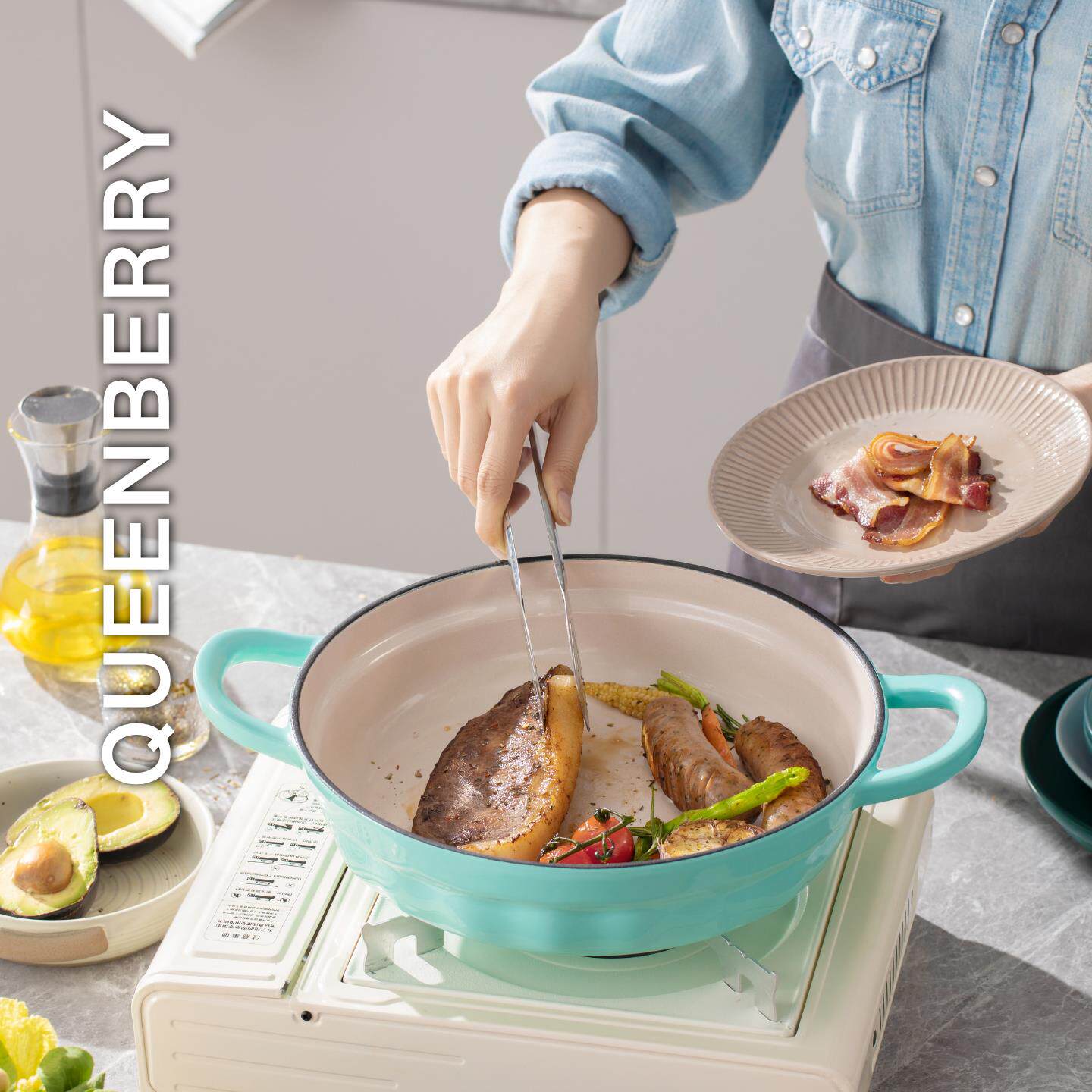Queenberry库白铸铁珐琅锅海鲜锅平底锅厨房料理锅汤锅煎烤煮炖