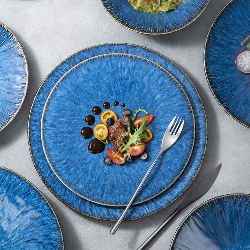 北欧风蓝色陶瓷牛排盘西餐盘平盘意面盘餐厅商用盘子艺术摆盘餐具