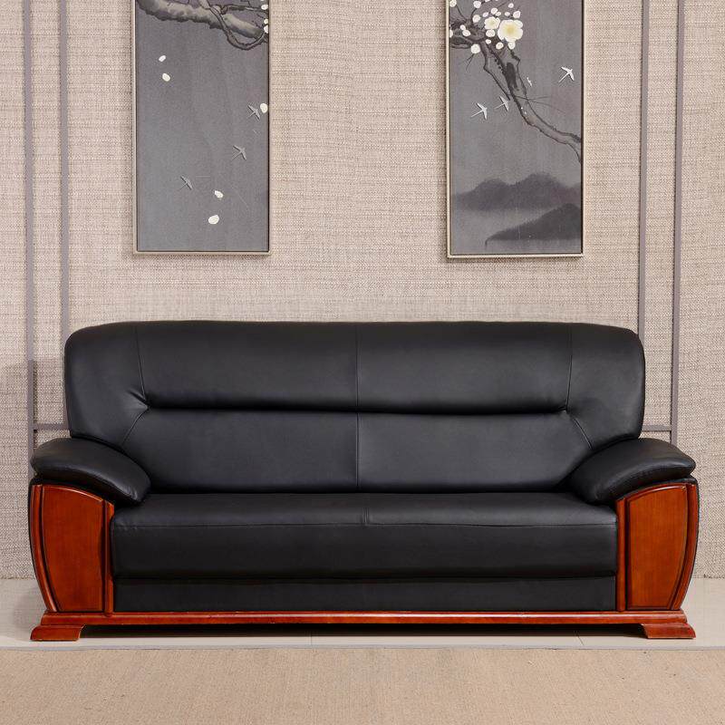 现代简约实木框架黑色西皮沙发办公室接待洽谈