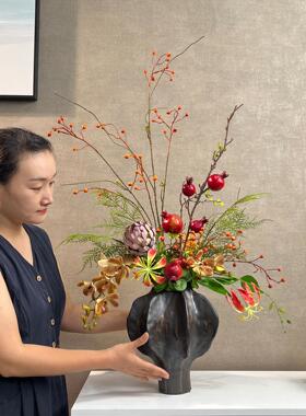 诧寂风装饰花插花摆件假花仿真花摆设客厅高级感老钱风红色仿生花