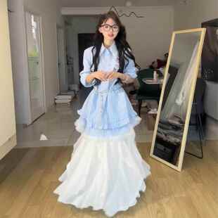 韩系学院风蕾丝拼接条纹翻领衬衫连衣裙女搭配白色半身裙两件套装