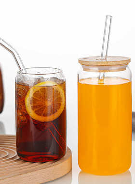 玻璃杯16oz易拉罐 20oz可乐罐可乐杯梅森杯带竹木盖吸管套装