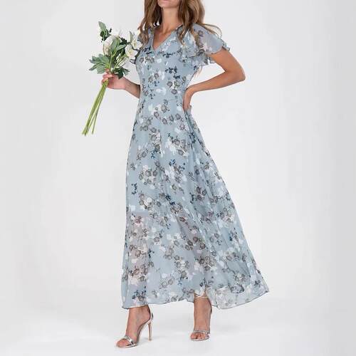Thin collar short sleeved printed dress, medium to long