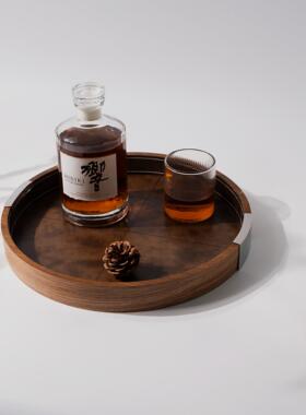 轻奢高档木托盘复古日式胡桃木托盘皮质盘家用餐具盘茶杯收纳盘