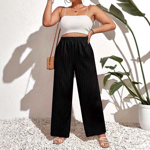 Women's Plus Size Solid Color Casual Elastic Waist Loose Tex