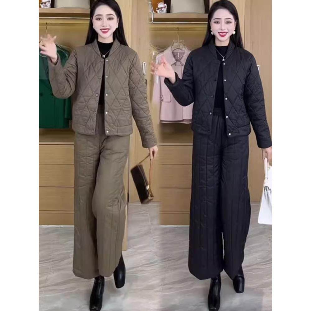 香港代购加棉加厚时尚套装女冬季新款时髦菱格保暖棉衣棉裤两件套