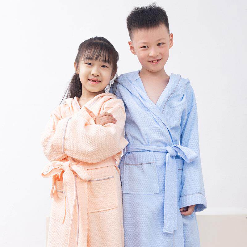 四季纯棉儿童连帽华夫格浴袍家居服吸水蜂巢游泳馆中大童吸水性强