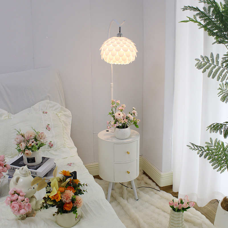 奶油风卧室落地灯床头柜台灯一体氛围感装饰置物架客厅沙发台灯