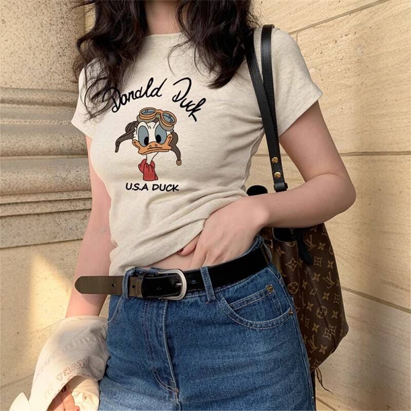 美式复古正肩t恤女2026夏季新款短袖修身纯棉别致卡通印花上衣女