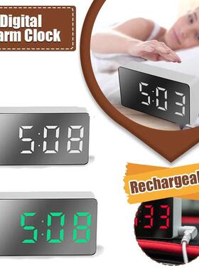1Pc White LED Mirror Table clock snooze Display Time Night L