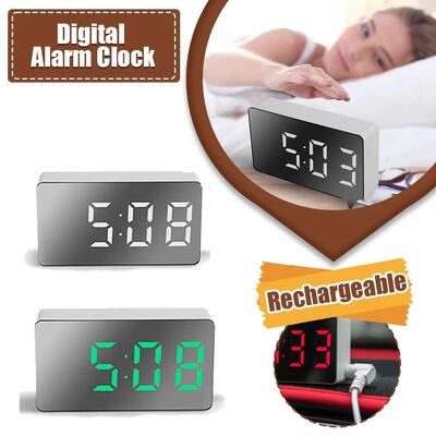 1Pc White LED Mirror Table clock snooze Display Time Night L