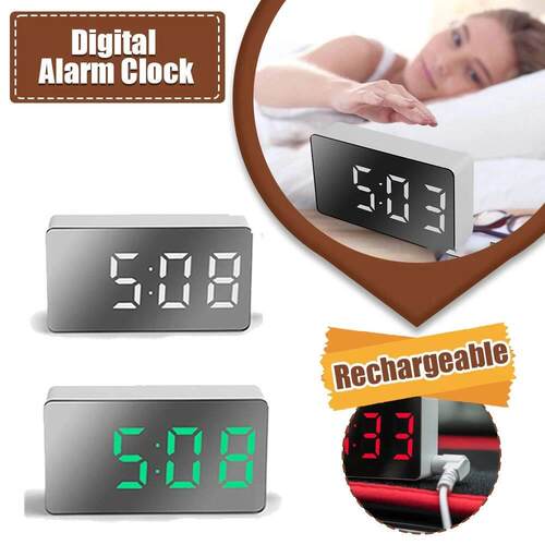 1Pc White LED Mirror Table clock snooze Display Time Night L