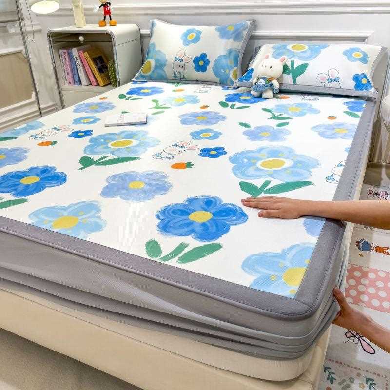 新款直销600D 碳光冰丝席A类数码印花凉席床笠三件套夏季可机洗水