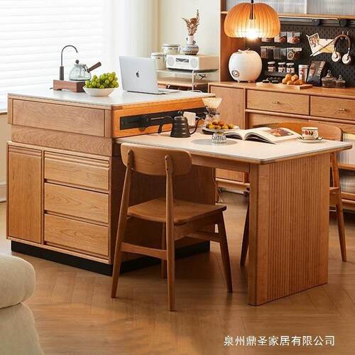 北欧一体式岛台餐桌 可伸缩家用岩板吧台 岛台餐桌原木家具