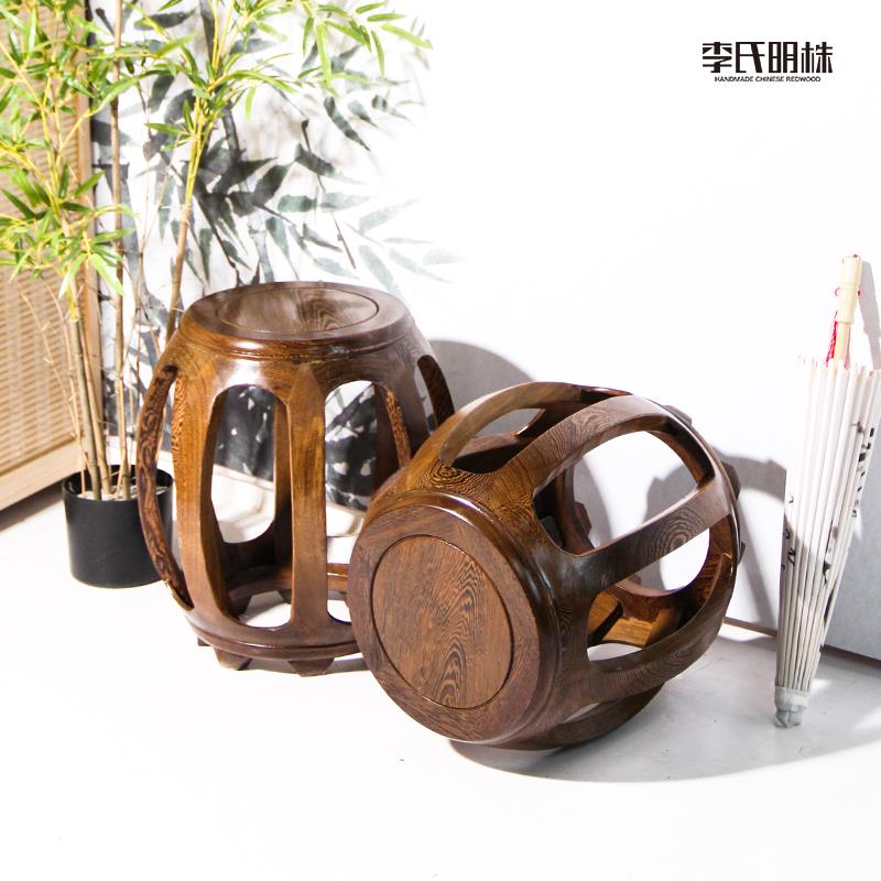 鸡翅木圆凳中式红木沙发茶几矮凳仿古家用餐桌鼓凳鞋凳实木古筝凳