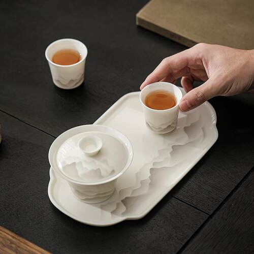 几欢羊脂玉陶瓷水墨山水干泡台中式茶盘长方型小号家用白瓷小茶台