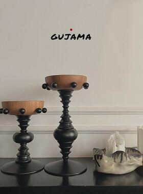 GUJAMA原创复古高脚木质托盘家居民宿摆件蜡烛香薰香水中古装饰品