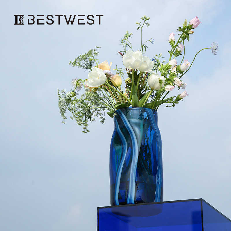 Best west 深蓝色异形不规则玻璃花瓶摆件高级感家居客厅水培花器