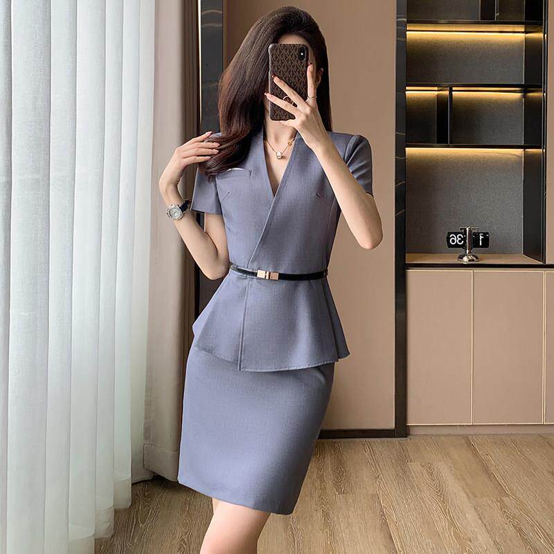 灰色职业西装套装女夏季短袖气质前台工作装美容院酒店经理工作服