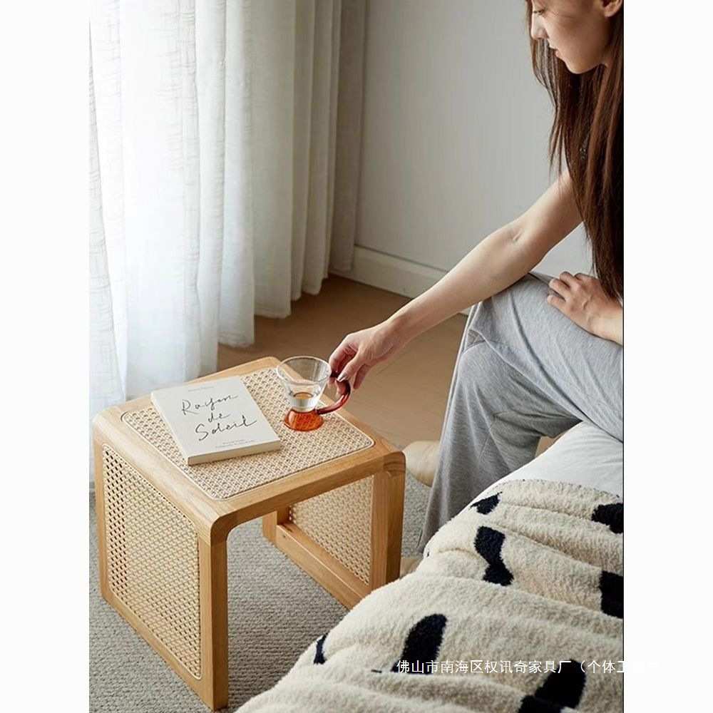 日式家居多功能实木藤编方凳沙发边角几民宿床头柜小户型换鞋凳子