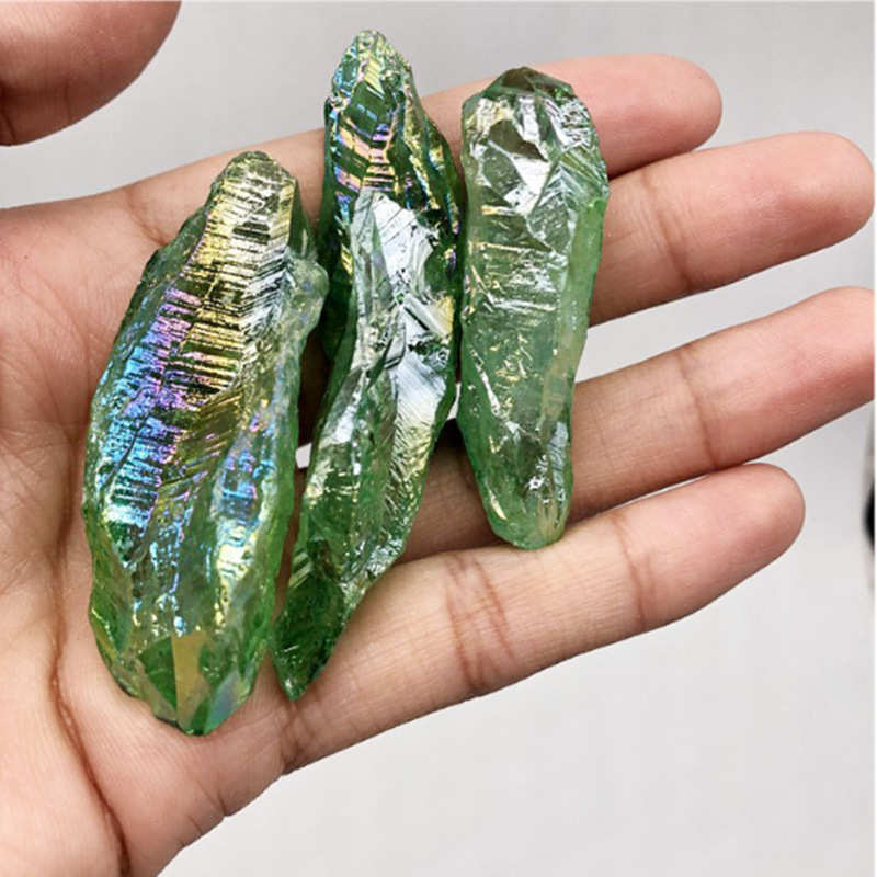 电镀绿水晶长牙原石 碎石天然水晶矿石标本石香薰摆件挂件工艺品
