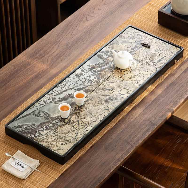 天国画用茶盘家用新中式乌然金石头茶台办VET公室排水茶海托盘石