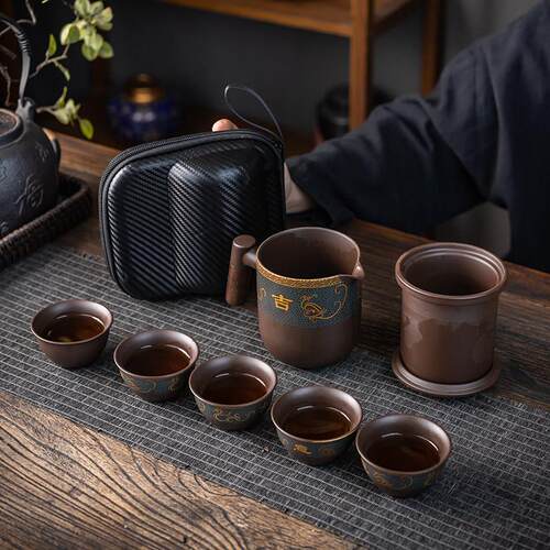 紫砂旅行茶具快客杯出差便携式旅游收纳包简约户外一壶五六杯车载