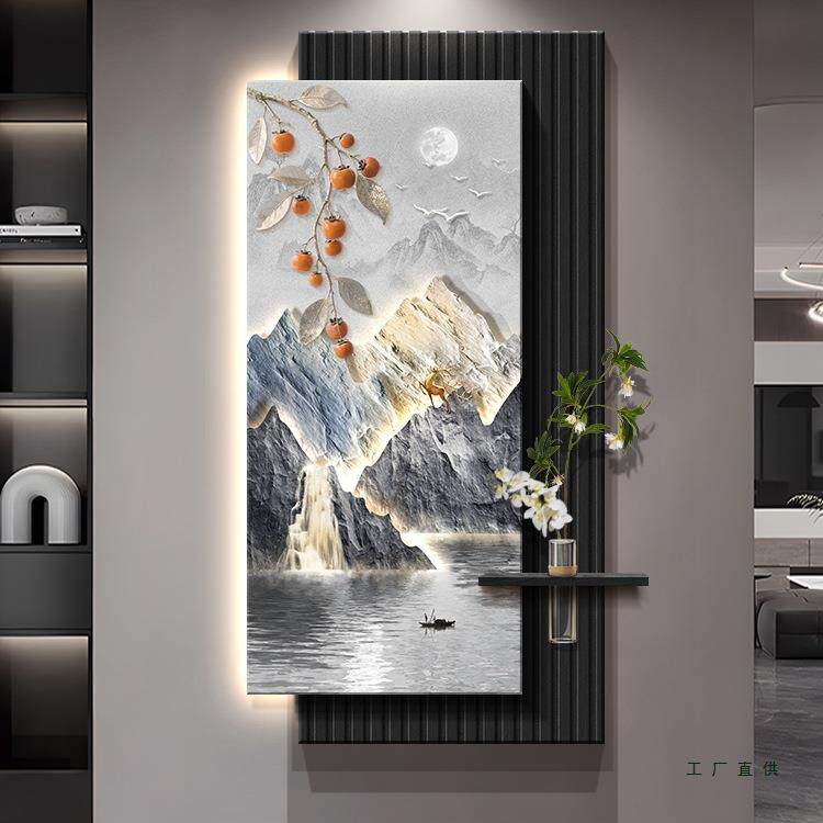 流水生财轻奢玄关装饰画水培绿植入户正对门挂画走廊过道尽山水画