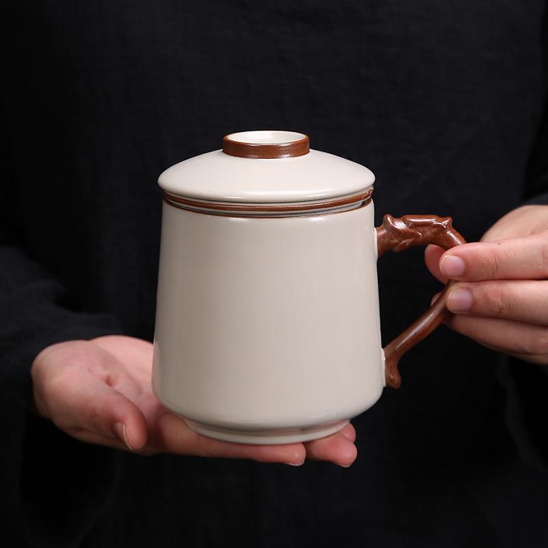 汝窑办公杯个人带盖马克杯汝瓷开片茶水分离陶瓷泡茶茶杯大容量
