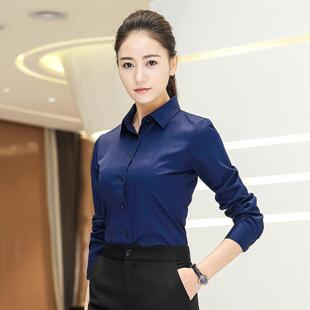 深蓝色衬衣春秋通勤风修身衬衫女长袖职业正装气质翻领抗皱工作服