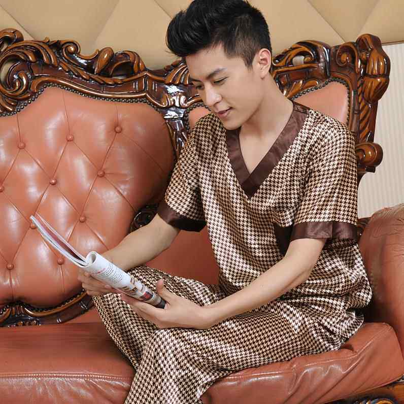 睡衣男夏季薄款丝绸短袖长裤冰丝睡衣男士大尺码春秋家居服短裤套