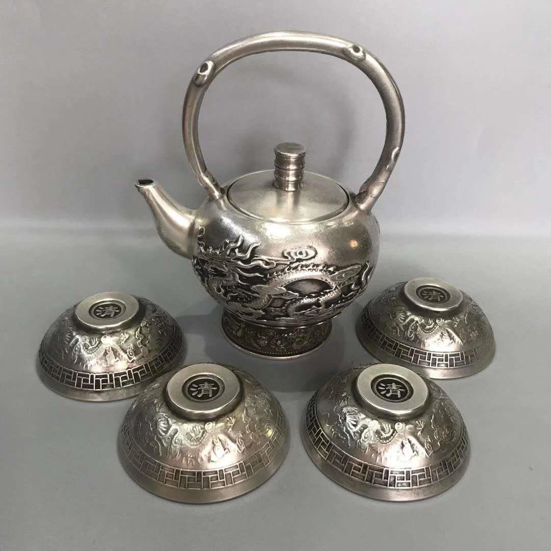 古玩杂项复古做旧老白铜镀银打造茶杯茶壶一套
