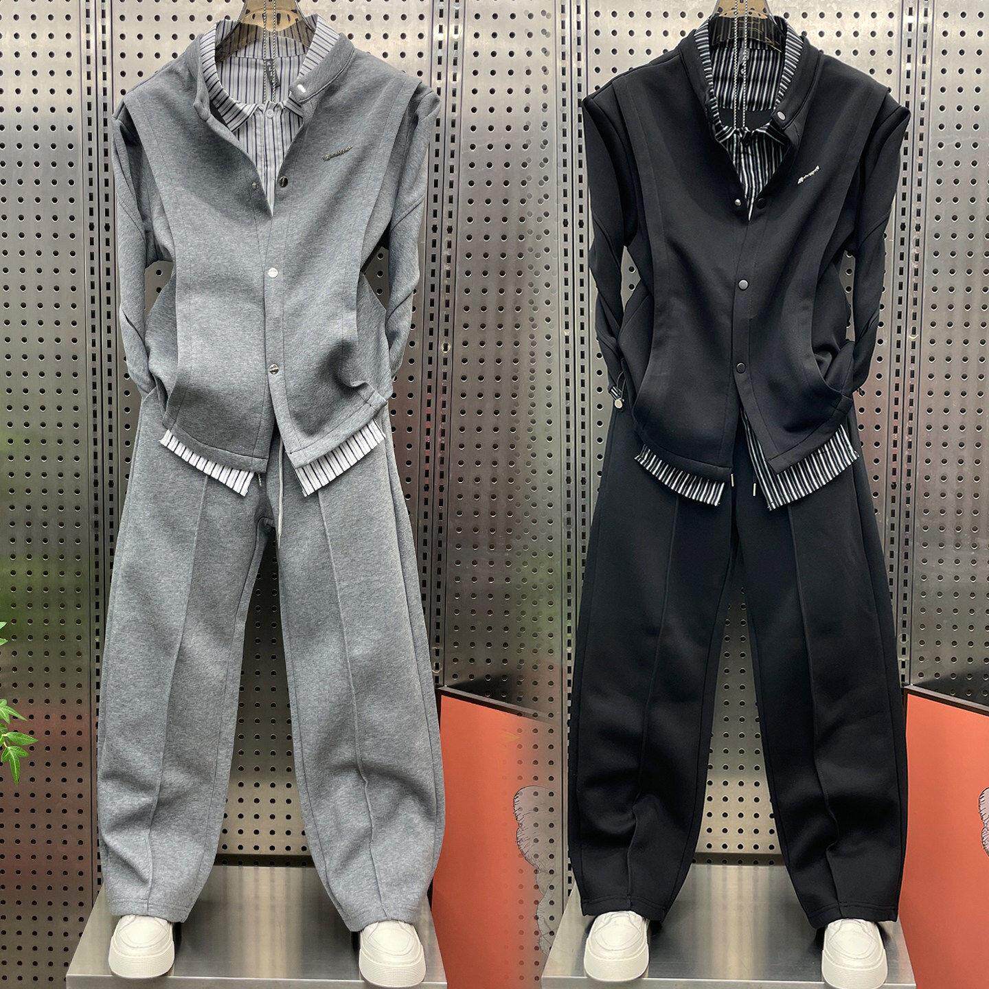假两件条纹休闲套装男士春秋季潮牌痞帅青年宽松卫衣卫裤穿搭一套