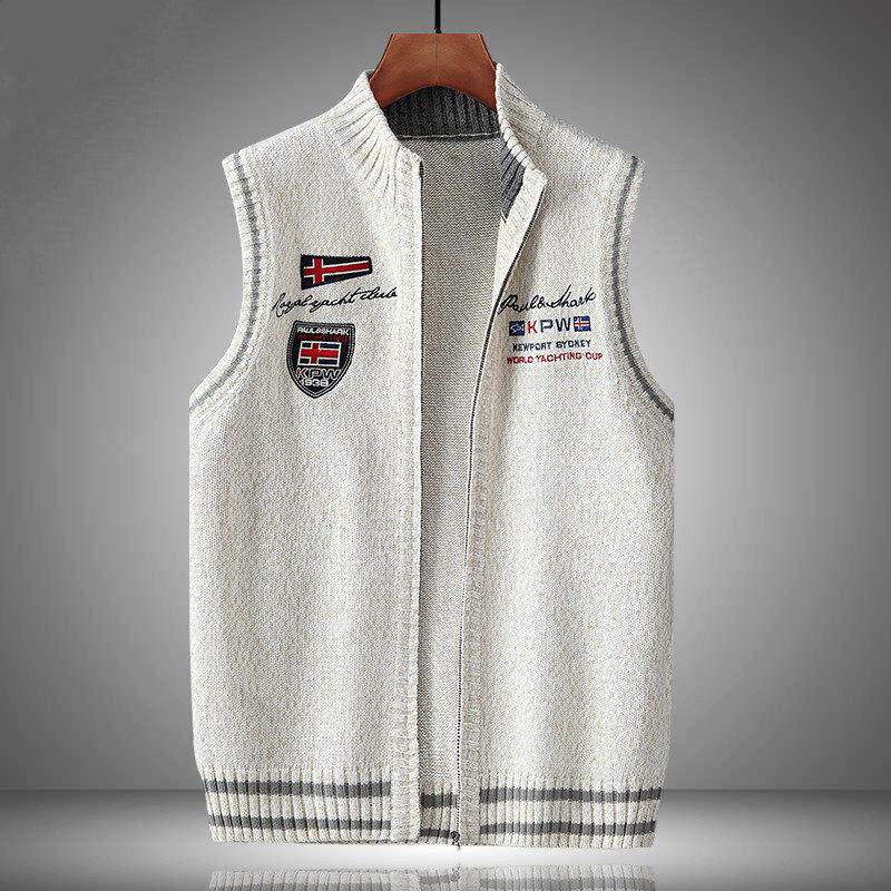 休闲刺绣羊绒针织马甲男士秋冬季潮流加绒坎肩立领羊毛衣背心外套