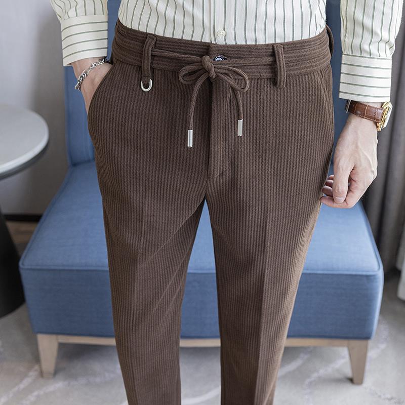 新款系绳松紧腰毛呢西裤男修身小脚秋冬季感加厚英伦呢子休0929z