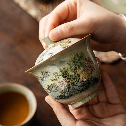 老陶泥青花盖碗茶杯高端复古陶瓷功夫茶具套装大号单个三才泡茶碗