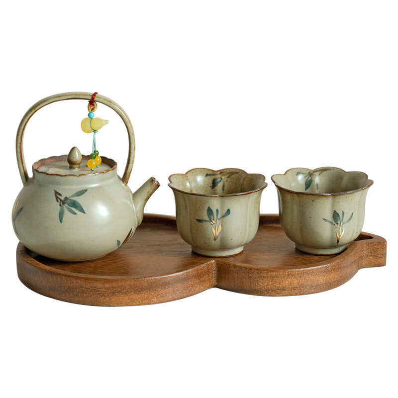 家用茶壶茶杯功夫茶具套装仿古描金手绘蝴蝶兰花泡茶一壶两杯