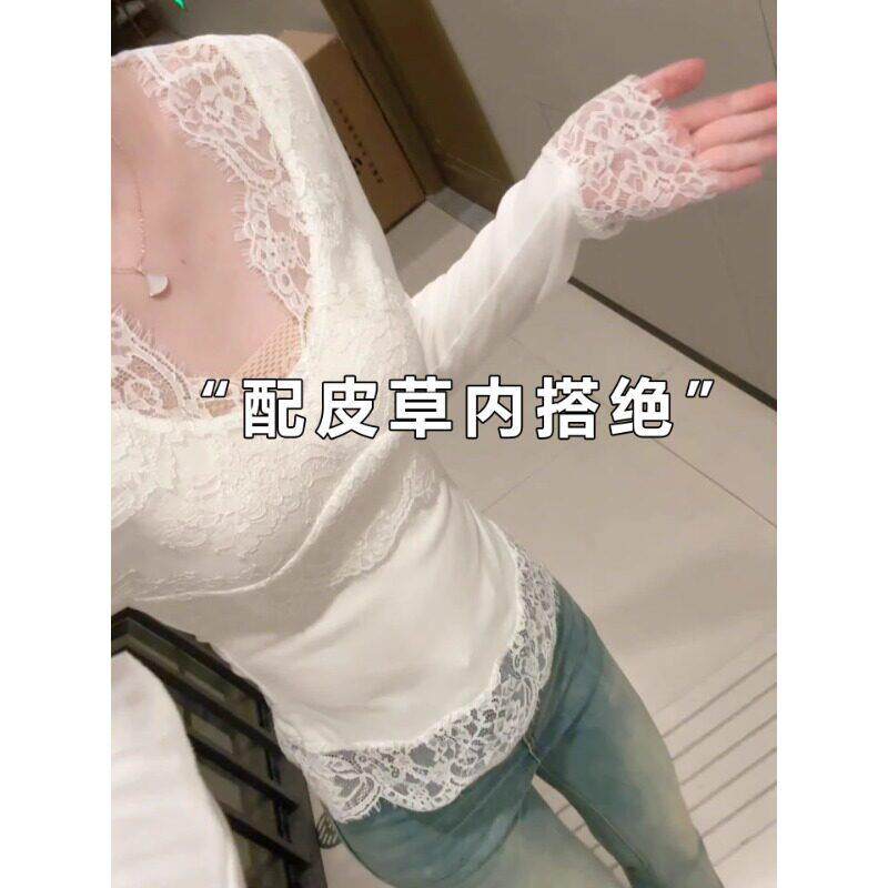 蕾丝拼接V领白色打底衫内搭长袖T恤女2026春秋新款修身显瘦上衣潮