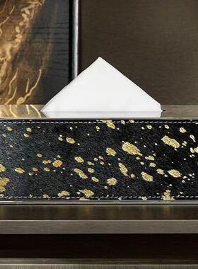 几RRJ现代奢锈钢马毛不皮革纸巾盒创意样板间轻方抽纸盒餐桌茶金