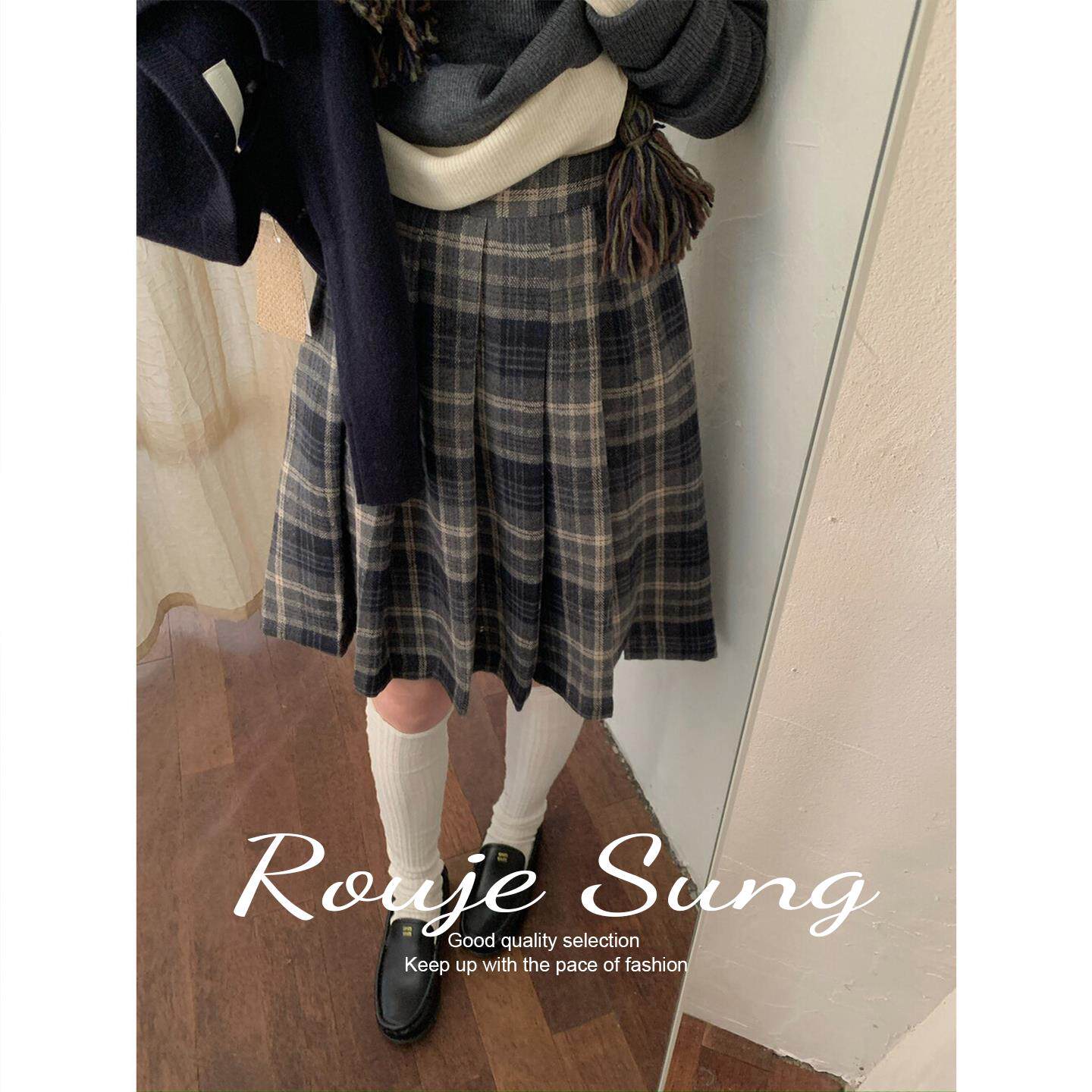 ROUJE SUNG韩版灰色格子百褶裙女秋冬半裙高腰显瘦学院风格纹中裙